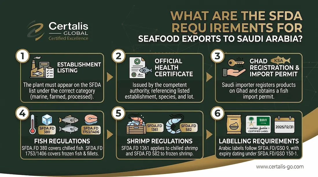 What are the SFDA requirements for seafood exports to Saudi Arabia